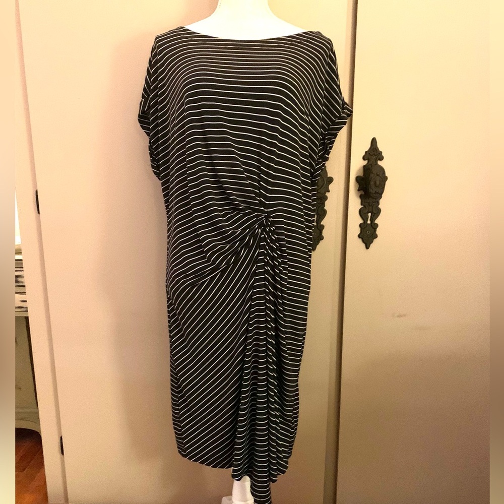 Kenneth Cole Black and White Striped Knot-Front Midi Dress - Picture 2 of 7